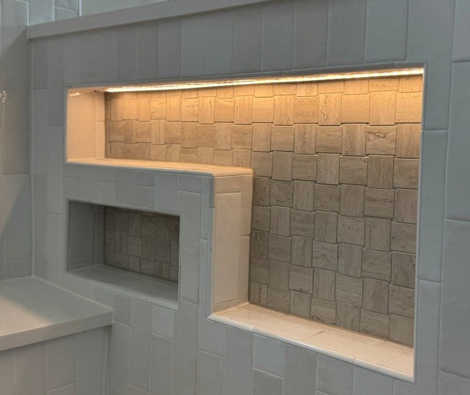 Custom lighting installation in tiled niche, Powerhouse Electric service.