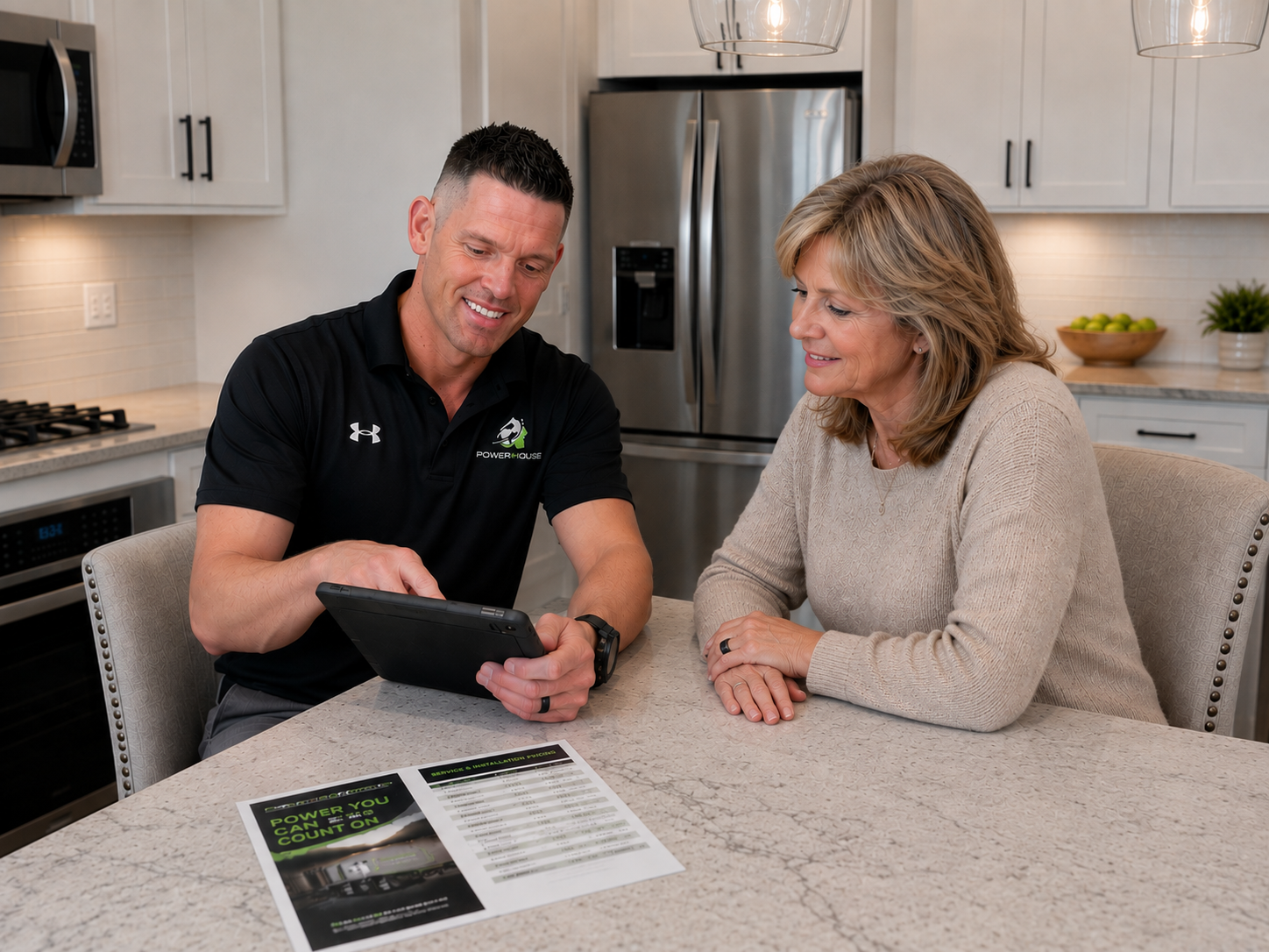 Homeowners consulting with electrician about electrical services and upgrades.