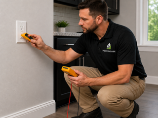 Electrician testing outlet with multimeter, Powerhouse Electric service in Mooresville, NC.