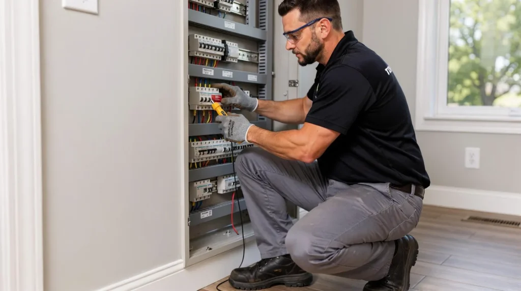 A whole-house surge protector installation at the main electrical panel helps safeguard the home's appliances