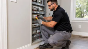 A whole-house surge protector installation at the main electrical panel helps safeguard the home's appliances