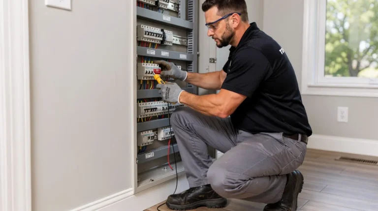 A whole-house surge protector installation at the main electrical panel helps safeguard the home's appliances